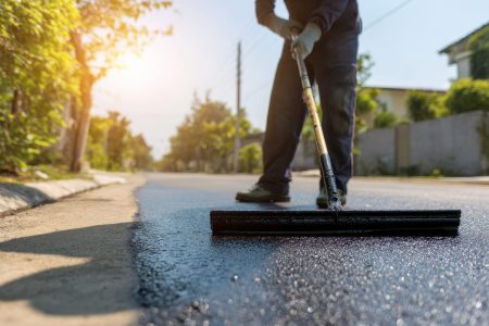 a stunning image of person sealing driveway with squeegee applicator tool in sunny day. driveway asphalt sealcoating protects pavement, prevents fractures. maintenance worker.